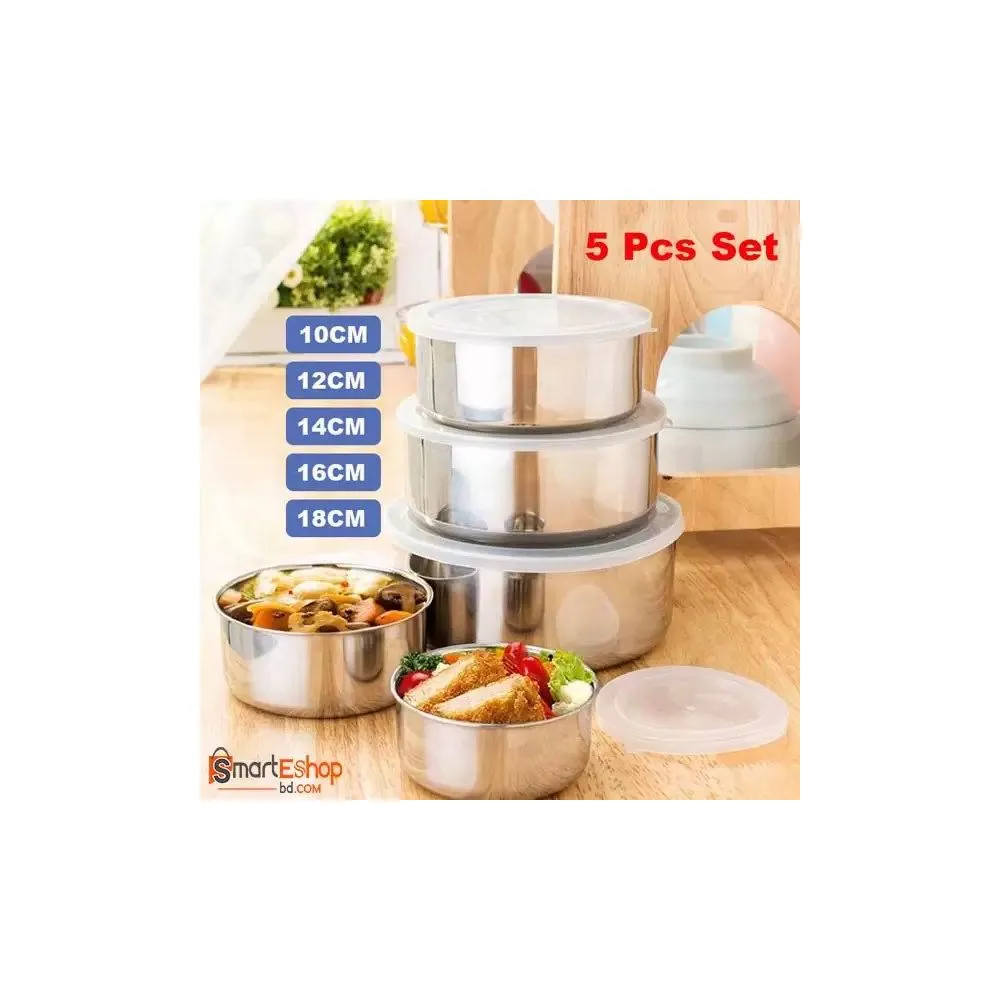Stainless steel Storage Bowls 5Pcs Set With Food-Grade Plastic Cover,Protect Fresh box 5 Pcs Bowls Set