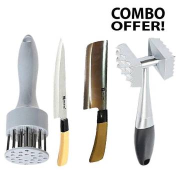 Kitchen Knife, Meat Tenderizer, Meat Hammer and Meat Cutting Knife Super Combo - Multi-Color