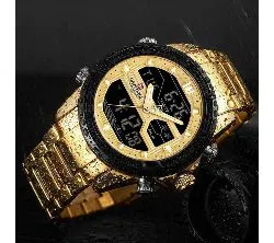 NF9138 Golden Stainless Steel Dual Time Wrist Watch For Men - Golden & Black