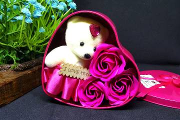 Valentine Supper Love Gift -Heart Shape Gift Box -Flowers With Soft Teddy