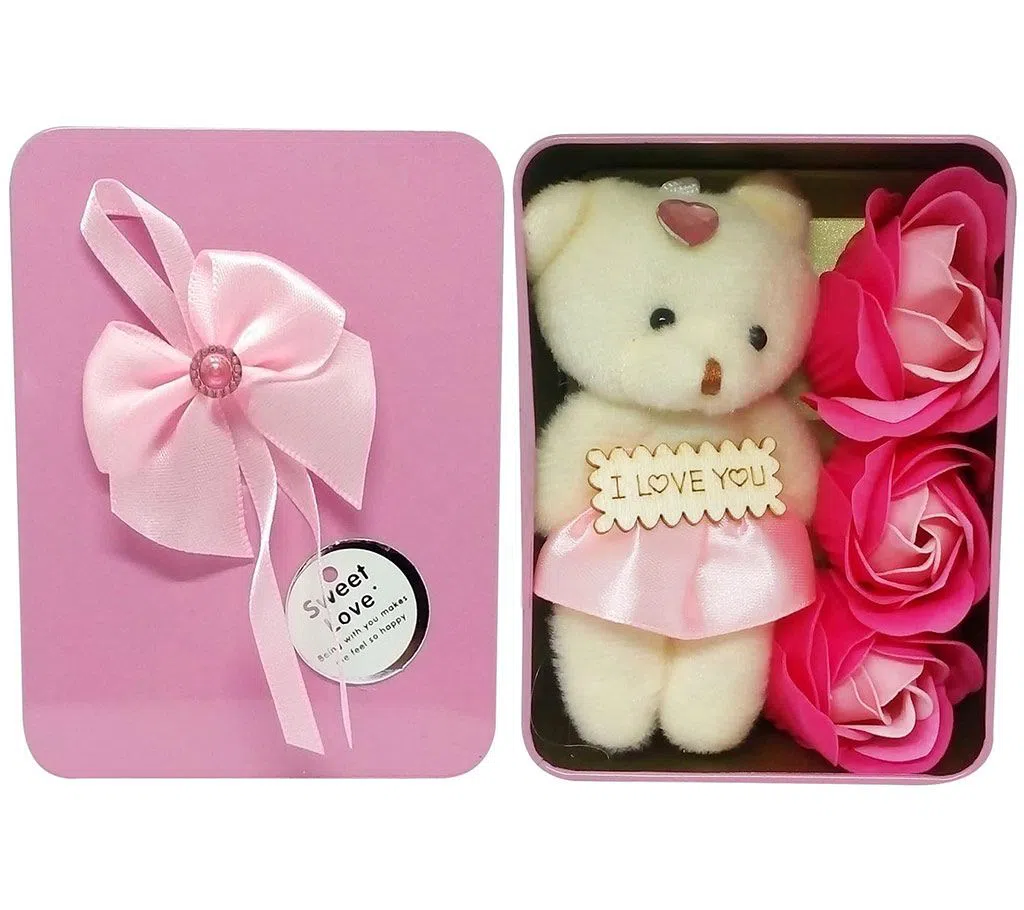 Love Gift -Squire Shape Gift Box -Flowers With Soft Teddy