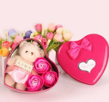 Valentine Supper Love Gift -Heart Shape Gift Box (Flowers With Soft Teddy)-rose