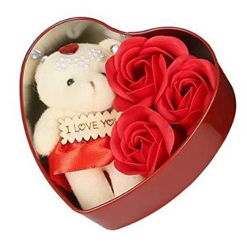 Valentine Day Love Gift -Heart Shape Gift Box (Flowers With Soft Teddy)
