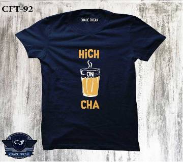 HIGH ON CHA NAVY BLUE Half Sleeve Cotton T-shirt For Men