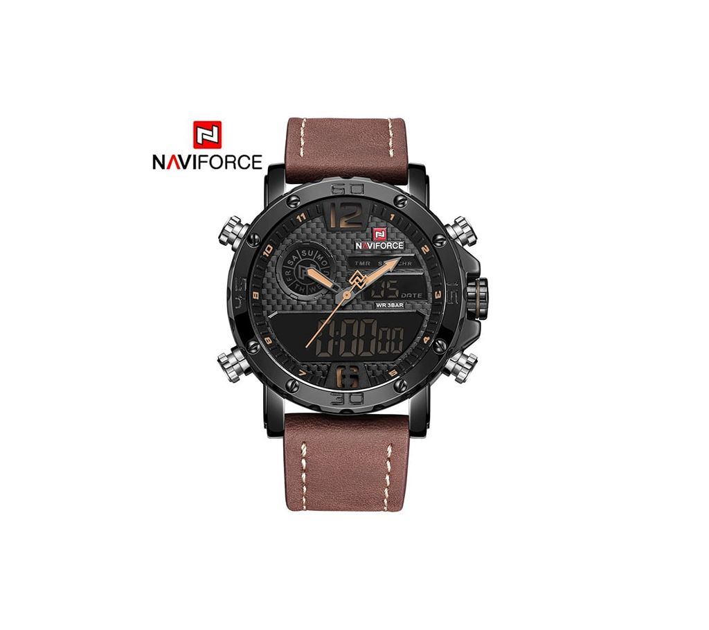 NAVIFORCE ডুয়াল ডিসপ্লে মেনজ রিস্টওয়াচ Quartz Watch Men Black Sport Clock Alarm 12/24 Hour Display Leather Relogio Masculino Hot বাংলাদেশ - 940651