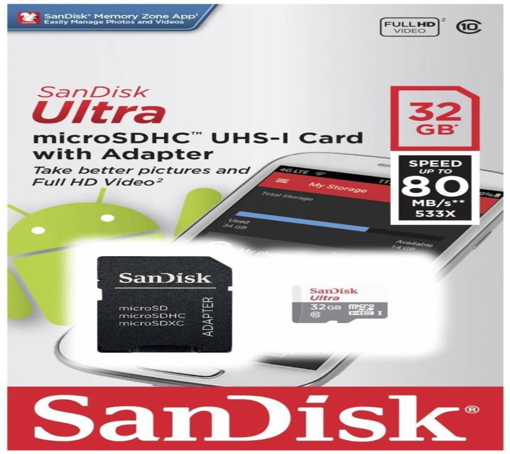 SanDisk Ultra 32 GB microSDHC UHS-I 80 MB/s Card with Adapter বাংলাদেশ - 689032