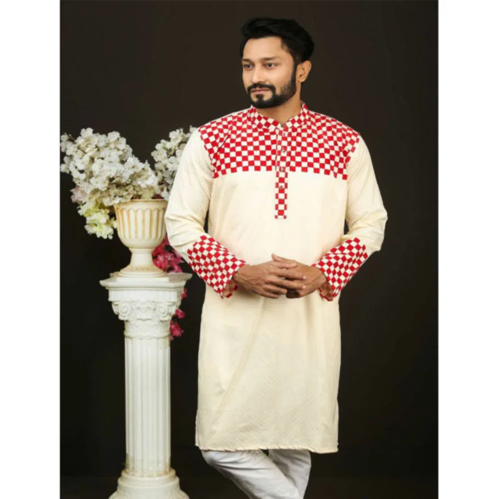 Eid premium Cotton Panjabi for Men-white and red 