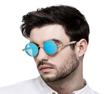 Blue Retro Round Gold Metal Polarized Sunglasses For Men