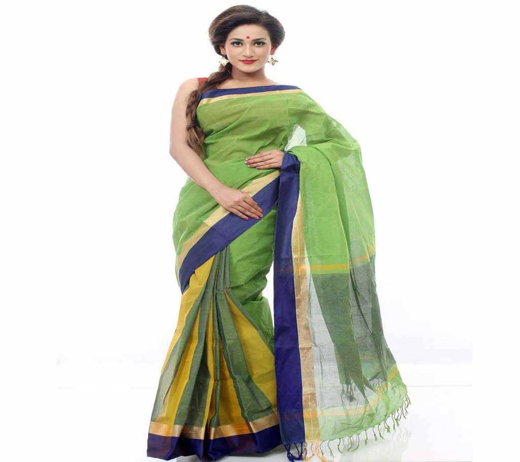 Forest Green and Yellow Taant Cotton Sharee বাংলাদেশ - 665459