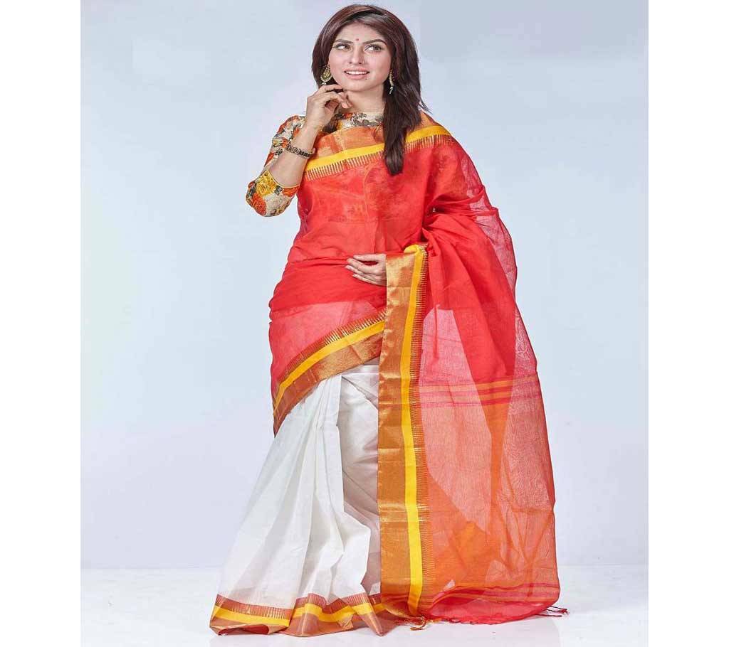 Red and White Taant Cotton Saree for Women বাংলাদেশ - 674126