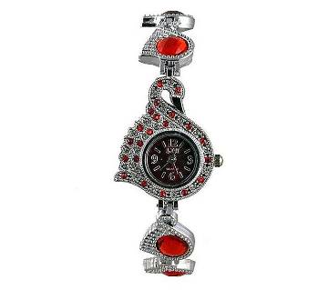 Silver Stainless Steel Bracelet Watch- Red