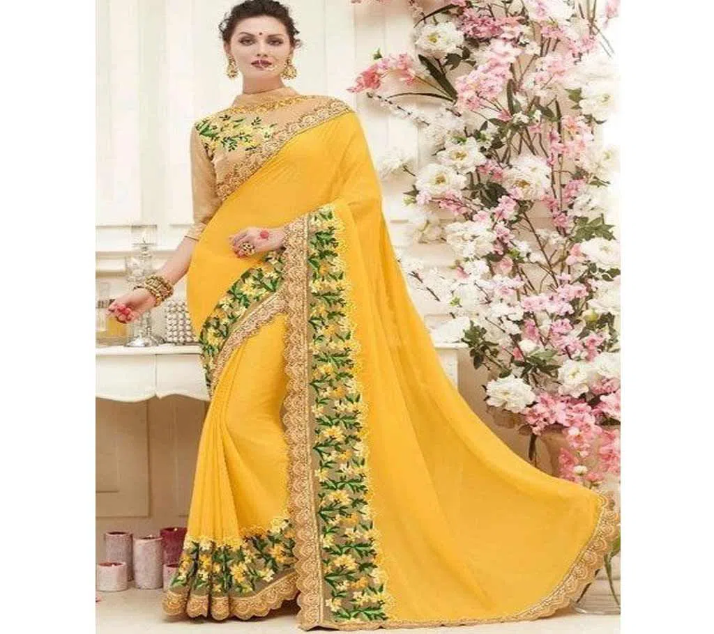 Georgette Saree With Unstiched Blouse Piece Yellow 