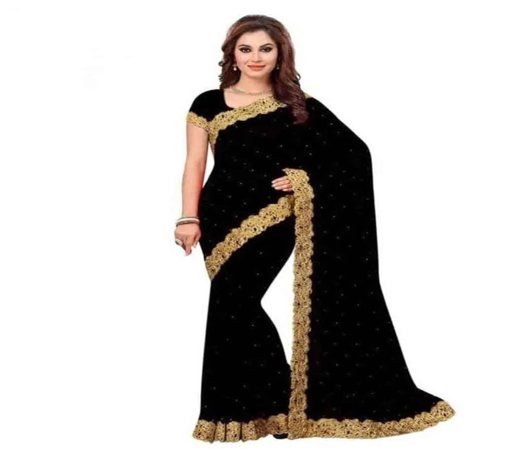 Georgette Saree With Unstiched Blouse Piece Black 