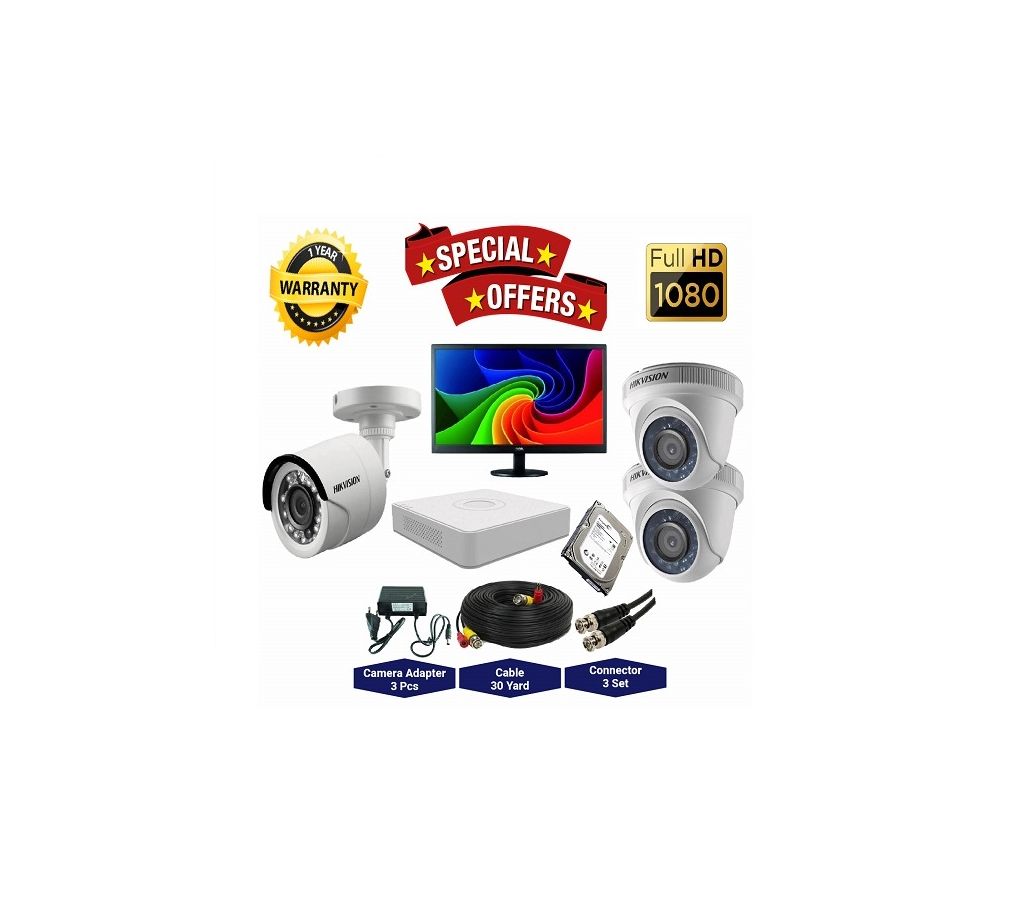 3 Pcs Hikvision Camera 2MP, DVR, 1TB HDD, 19” LED মনিটর ফুল সিসিটিভি ক্যামেরা প্যাকেজ বাংলাদেশ - 1140835