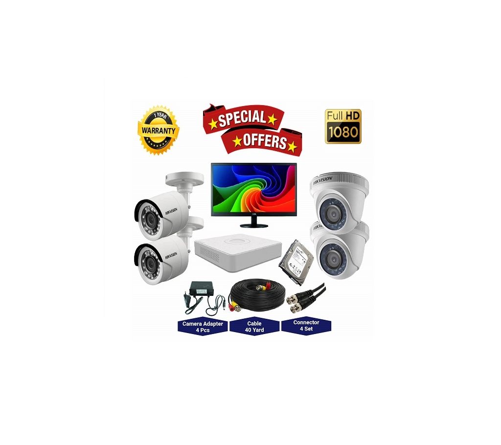4 Pcs Hikvision Camera 2MP, DVR, 1TB HDD, 19” LED মনিটর ফুল সিসিটিভি ক্যামেরা প্যাকেজ বাংলাদেশ - 1140841