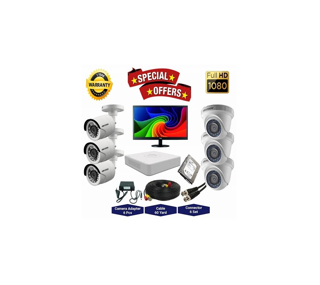 6 Pcs Hikvision Camera 2MP, DVR, 1TB HDD, 19” LED মনিটর ফুল সিসিটিভি ক্যামেরা প্যাকেজ বাংলাদেশ - 1140850