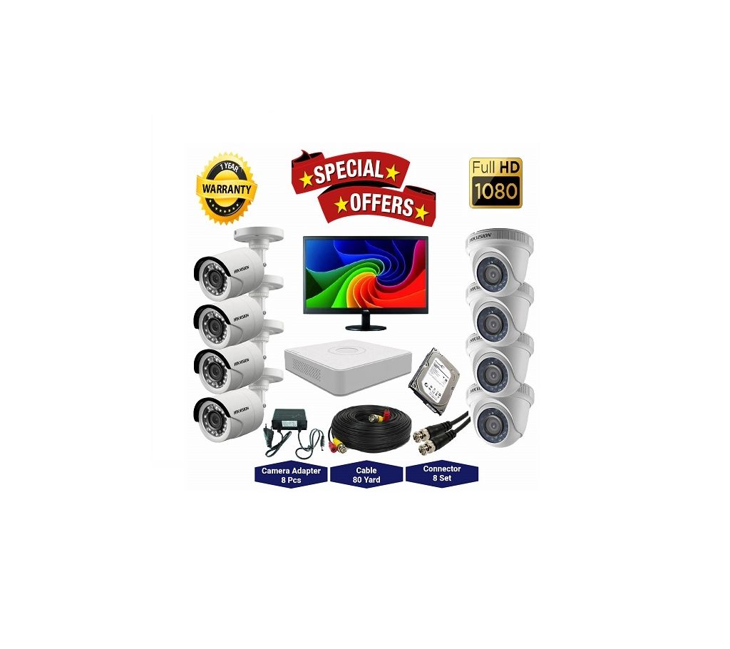 8 Pcs Hikvision Camera 2MP, DVR, 1TB HDD, 19” LED মনিটর ফুল সিসিটিভি ক্যামেরা প্যাকেজ বাংলাদেশ - 1140857