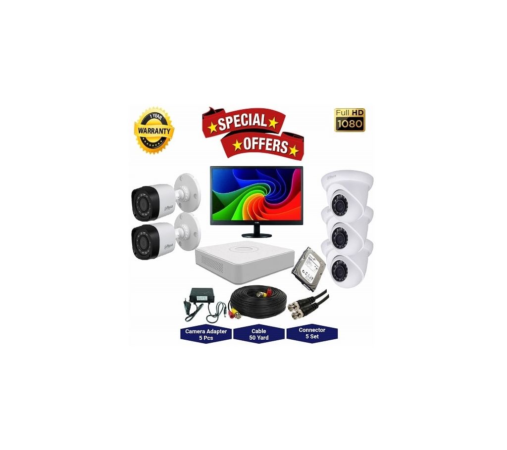 5nos Dahua 2 Megapixels Resolution HD CCTV Camera, DVR, 1TB HDD, 19” LED মনিটর ফুল প্যাকেজ বাংলাদেশ - 1141023