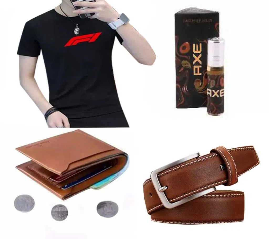 Men Gift 4pcs Combo Pack ( T shirt + Wallet + Belt + Perfume) 