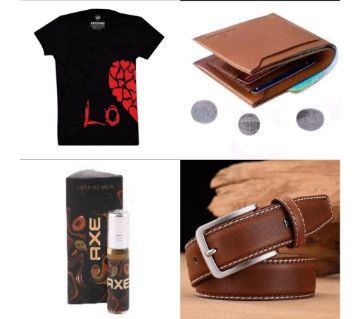 Men gift 4pcs Combo pack ( T shirt + Wallet + Belt + Perfume) 