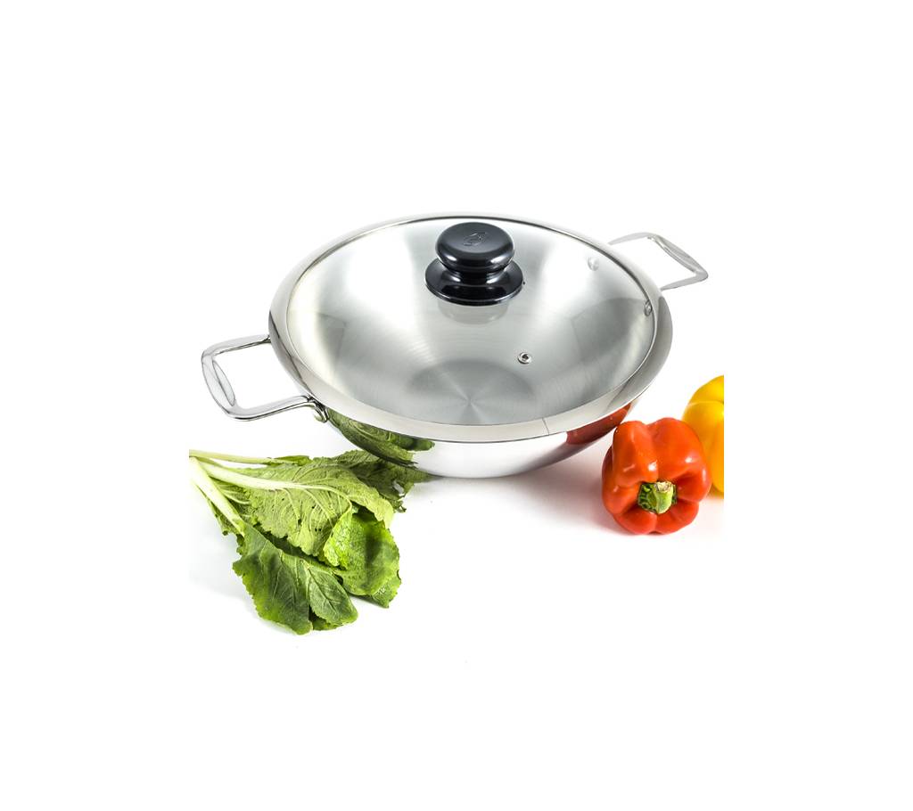 3 Layer wok With গ্লাস লিড & স্টেইনলেস স্টিল হ্যান্ডেল (28cm) বাংলাদেশ - 740711