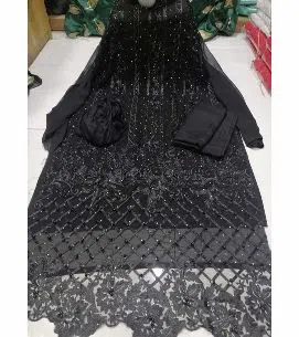 Unstitched Tissue Embroidery Salwar Kameez for women[Three pcs]-Black 