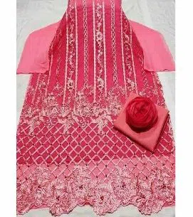 Unstitched Tissue Embroidery Salwar Kameez for women[Three pcs]-red 