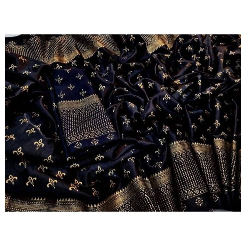 Japan Soft Silk Screen Print Saree with Unstitched Blouse Piece - Black