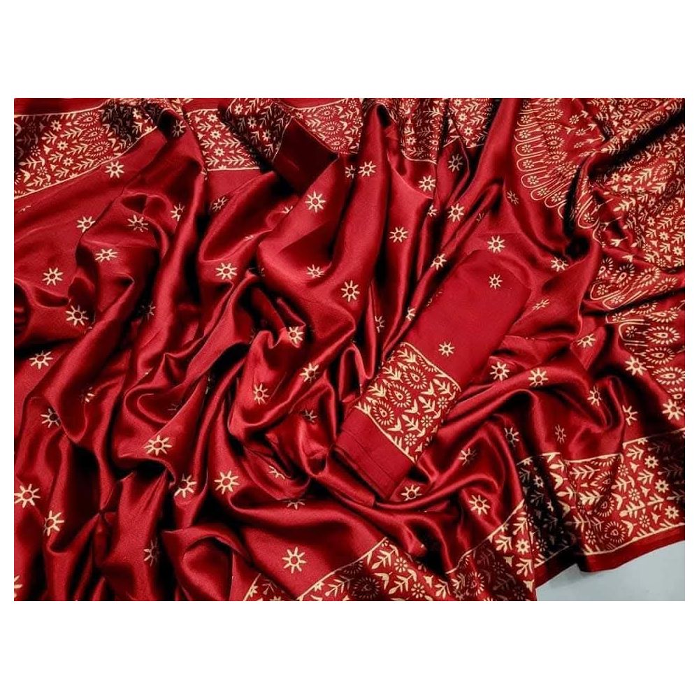 Japan Soft Silk Screen Print Saree with Unstitched Blouse Piece 