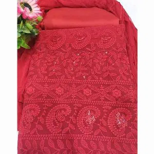 Unstitched Georgette Embroidery Karchupi Salwar Kameez for women[Three pcs]-red 