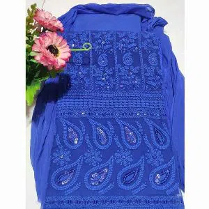 Unstitched Georgette Embroidery Karchupi Salwar Kameez for women[Three pcs]-Blue 