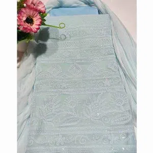 Unstitched Georgette Embroidery Karchupi Salwar Kameez for women[Three pcs]-off white 