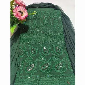 Unstitched Georgette Embroidery Karchupi Salwar Kameez for women[Three pcs]-green 