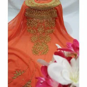 Unstitched Georgette Embroidery Karchupi Salwar Kameez for women[Three pcs]-Orange 