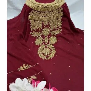 Unstitched Georgette Embroidery Karchupi Salwar Kameez for women[Three pcs]-maroon 