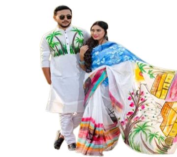 Half Silk Saree And Dhupian panjabi For Combo Couple Dress