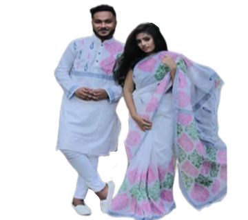 Half Silk Saree And Dhupian panjabi For Combo Couple Dress