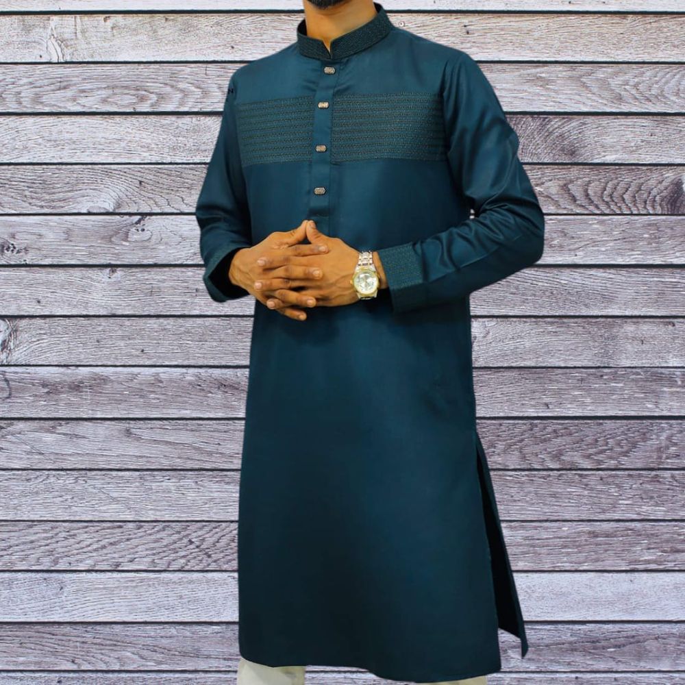 Sea Green Punjabi with Chest Contrast - Soft Cotton - Brand New Design for Men