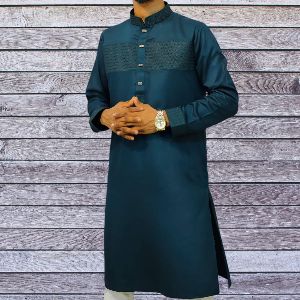 Sea Green Punjabi with Chest Contrast - Soft Cotton - Brand New Design for Men