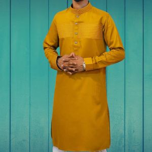 Yellow Punjabi with Chest Contrast - Soft Cotton - Brand New Design for Men