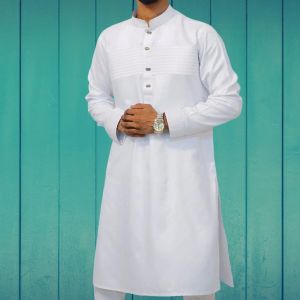 White Punjabi with Chest Contrast - Soft Cotton - Brand New Design for Men