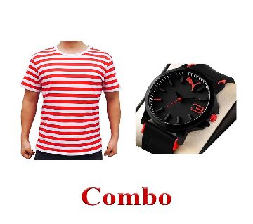Mens Slim Fit T-Shirt - White & Red+Black Red Sports Watch for Men