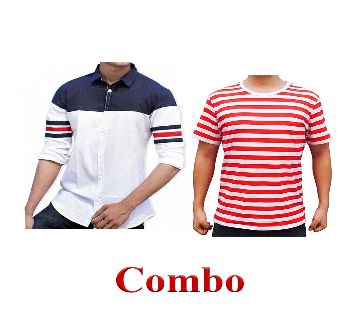 Casual Shirt For Men+Mens Slim Fit T-Shirt - White & Red