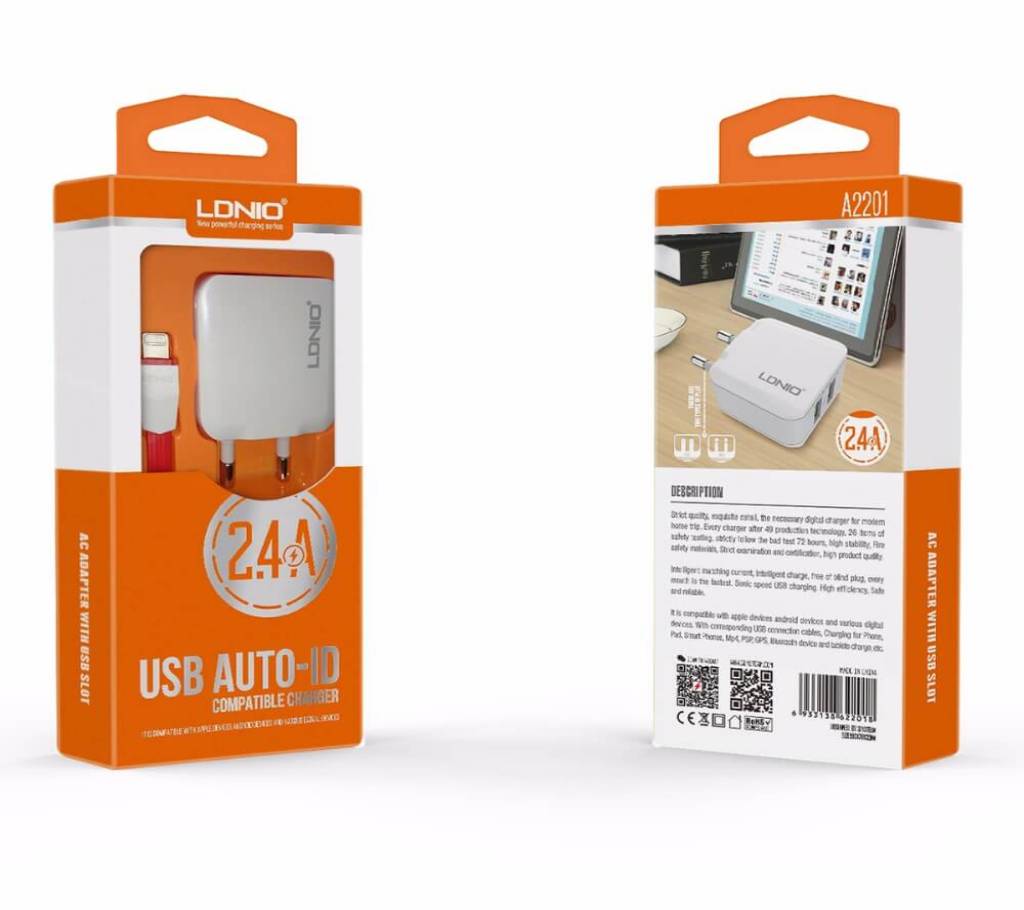 LDNIO A2201 Dual 2 Port USB Charger 5V/2.4A ওয়াল অ্যাডাপ্টার বাংলাদেশ - 766786