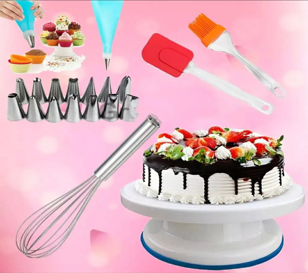 Cake decoration tools Combo Set/1x trun table 1x Hand-Held Egg Beater Steel -Silver 1x Oil Brush & Spatula Set 1 x Cake Nozzle Set 100 piece paper cup