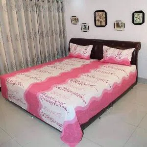 King Size Bed Sheet set with two Pillow Cover - White & Pink