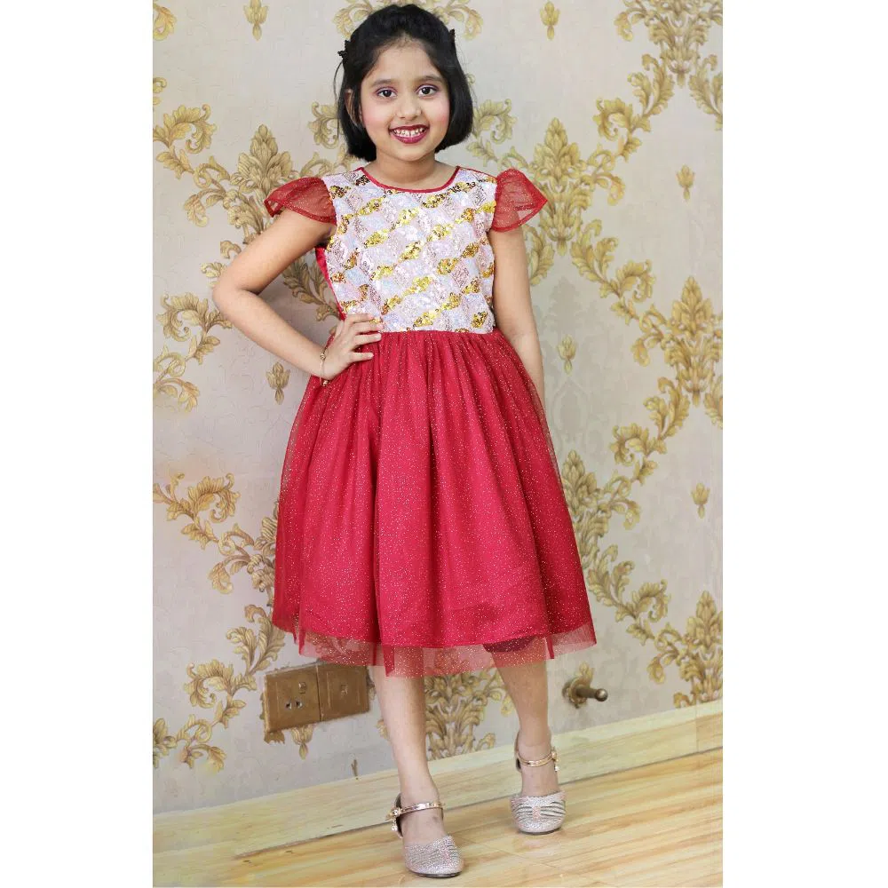 Baby Girls Party Frock - red White 