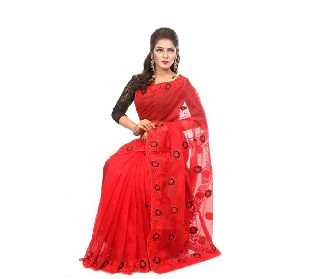 Red Pure muslin silk  hand embroidery saree বাংলাদেশ - 624534