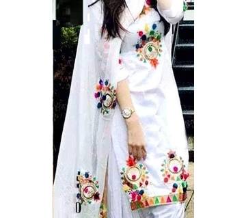 Unstitched Pink and White Cotton Block Printed Salwar Kameez For Women