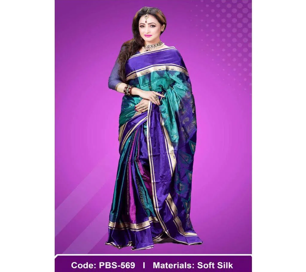 Tangail Soft  Silk Sharee With Free Blouse Piece (PBS-569)-blue 